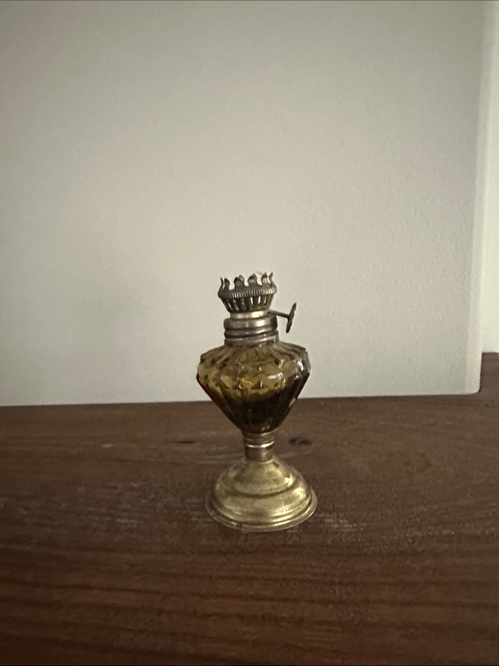 Vintage Mini Amber Glass Oil Lamp with Brass Base
